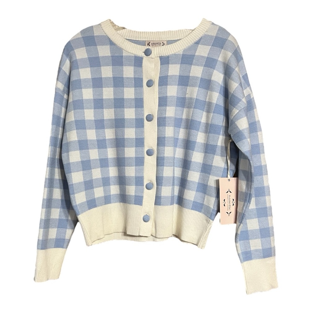 Nanette Lepore Blue Cream Plaid Button Up Cardigan Sz M NWT